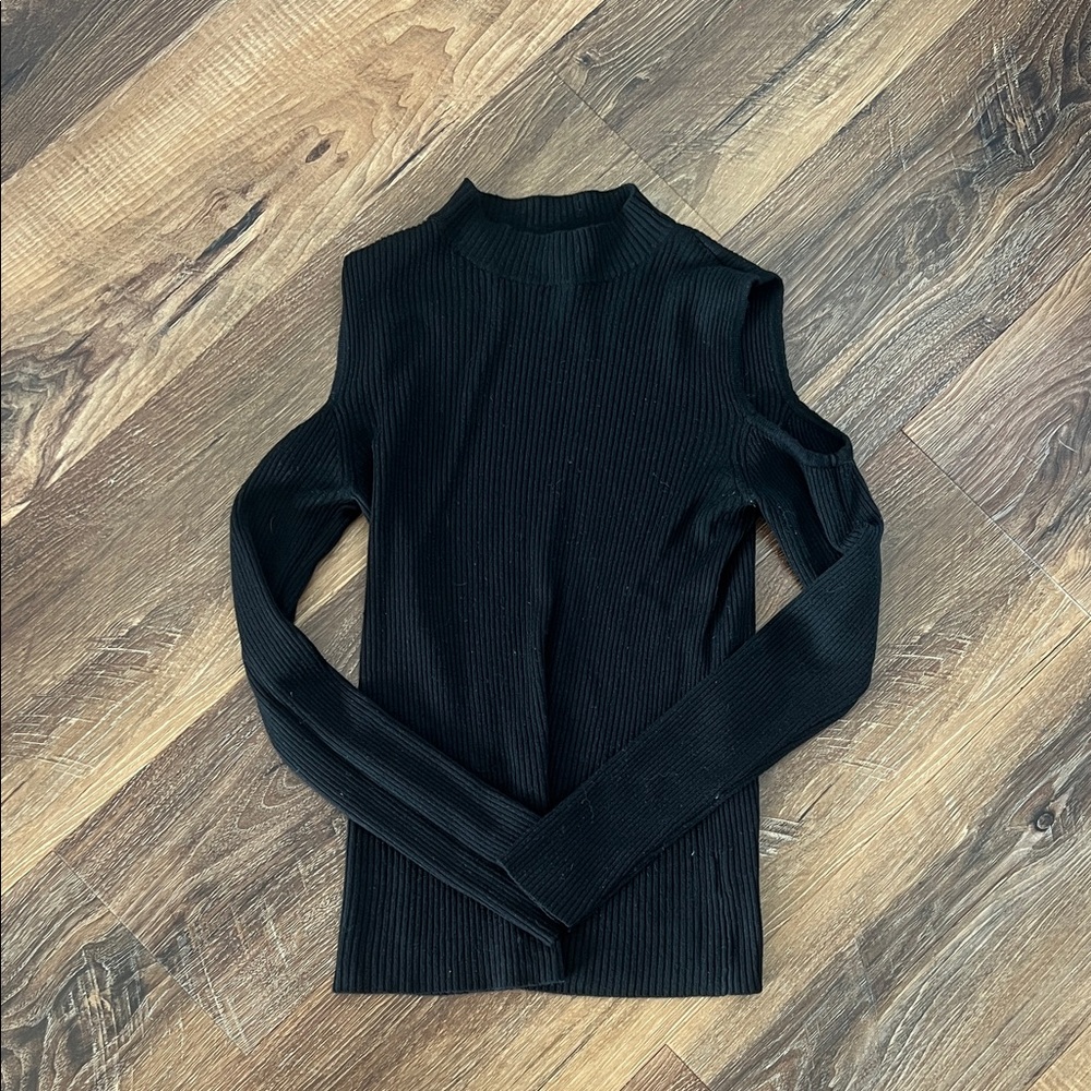 LG Black Ribbed Cold-Shoulder Turtleneck Sweater